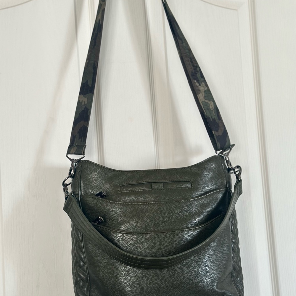 Lug Olive Green vegan leather Crossbody Bag with Camouflage Strap